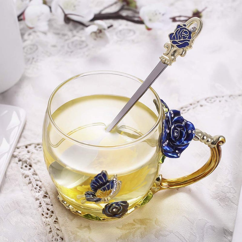 Luka Tech Enamels Butterfly flower Lead-free Glass Coffee Mugs Tea Cup with Steel Spoon, personalised Gifts For Women Wife Mom Friends Birthday Mothers Valentines Day Wedding (Blue) - Image 3